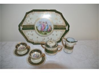 (#90) Vintage French Mythology Image Porcelain Serving 5 Piece Set (platter, Sugar, Creamer, 2 Demitasse Cups)