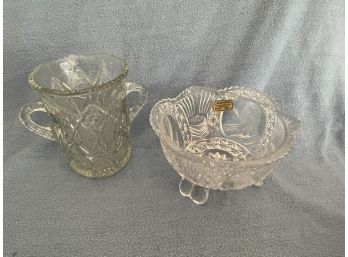 (#136) Vintage Echt Bleikristall Crystal 7.5' German Footed Serving Bowl And Cut Glass Vase With Handles 6'H
