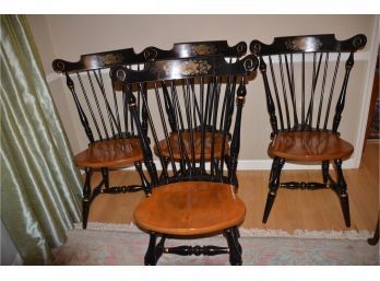 (#83) Hitchcock Spindle Windsor Style 4 Dining Chairs Maple Stenciled Harvest With Cushions
