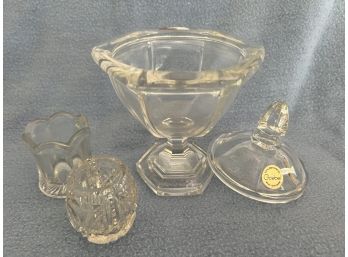 (#143) Goebel West Germany Glass Covered Candy Pedestal Dish And Toothpick Holders (2)
