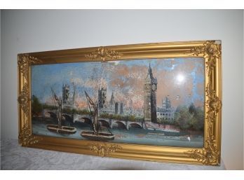 (#72) Vintage Picture Of London Painted On Glass Gold French Provincial Frame Slight Wear