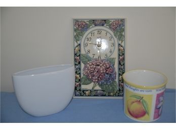 (#162) Ceramic Wall Battery Kitchen Clock, West Elm White Vase, Flower Vase / Planter