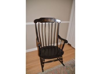 (#80) Antique Nichols & Stone Black Windsor Rocking Chair With Gold Harvest Stencil With Cushion Back And Seat