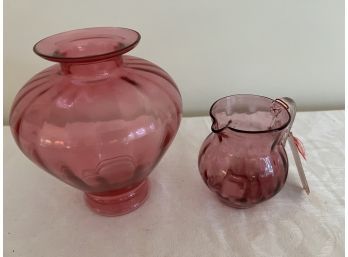 (#45) Handblown Cranberry Glass Pitcher 4'H  And Vase 7'H