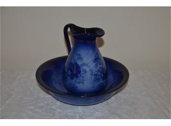 (#26) Vintage Staffordshire England Empress Ceramic Flow Blue Floral Motif Pitcher And Basin