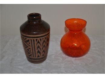 (#47) Handblown Orange Glass Bud Vase 5' And Pottery Decorative Vase 6.5'