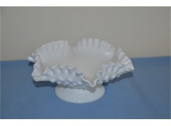 (#127) Milk Glass Candy Dish Bowl Fenton Hobnail Crimped And Ruffled Lip