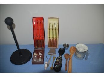 (#164) Assorted Kitchen Utensils / Gadgets (fondue Forks, Cheese Slicer, Wooden Spoons, Paper Towel Holder)