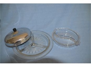 (#133) Glass Divided Relish Dish Cover Chrome Farber & Shlevin, Hughes Cornflower Candlewick Relish Dish 6.5'