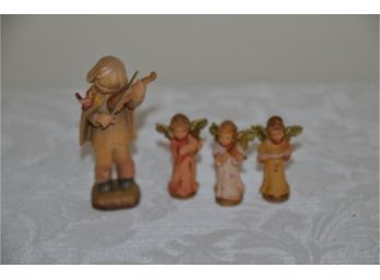 (#120) Wood Carving German 3 Angel 1.5' Figurines 3' Italy Boy Orchestra Violin