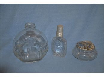 (#149) Vintage Jug Bottle, Empty Mens Cologne Bottle, Metal Angel Top Potpourri Glass Bowl