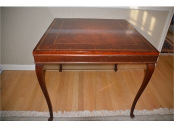 (#82) Ferguson Leather Top Square Card Table With Gold Trim Boarder