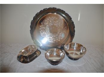 (#28) Silver-plate Serving 5 Piece Set (William Rogers, Gorham Bowl, Reed & Barton Gravy, Pitcher, Tray)