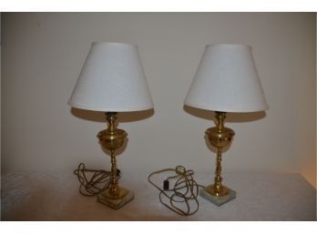 (#59) Pair Of Brass Lamps Marble Detail Bottom Base With Shades 20'H
