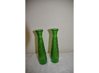 (#42) Green Glass Rose Stem Vases 9.5'H