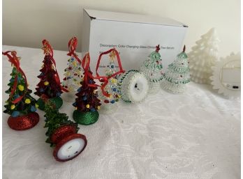 (#186) Battery Operated Lighted Glass Christmas Tree Ornaments And 2 White Christmas Battery Trees