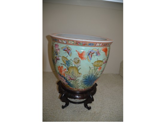Asian Fish Bowl Planter With Wood Planter Stand