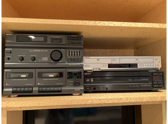 Stereo System:  Toshia TV 25' Sony Receiver, Sony Tape Cassette, Compact 5 Disc DVD Player With Speakers