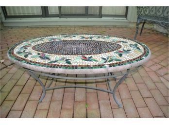 (#57) Cement Mosaic Glass Detail Outdoor Coffee Table Iron Base (comes In 2 Pieces)