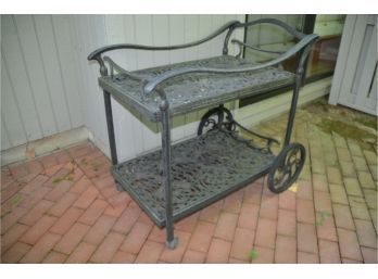 (#55) Outdoor Cast Aluminum Bar / Tea Cart 2 Front Wheels (top And Bottom Tray Comes Out)