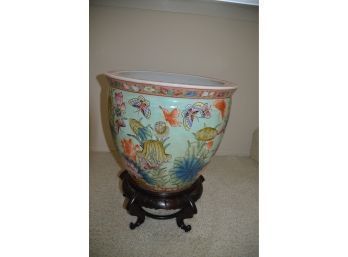 Asian Fish Bowl Planter With Wood Planter Stand