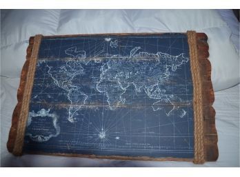 (#26) Vintage Replica Wood Framed Wall Decor Blue And White Map Illustration Sail The World 24x16