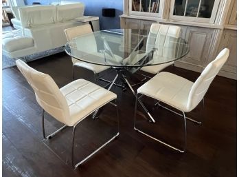 (#5) California Modern Round Glass Top Chrome Base With 4 White Leather Seated Chairs Chrome Base