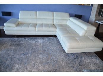 White Leather Sectional Sofa Adjustable Arms And Head Rest Chrome Base Legs
