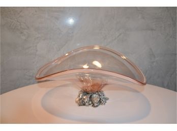 (#98) Unique Decorative Wave Oval Glass Peach Bowl Metal Fruit Base (slight Chip On Base)