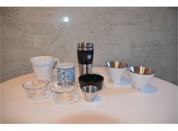 (#81) Assorted Kitchen Items: Snowfox Stainless Steel Martini Mugs, Dip Bowls, Travel Mug