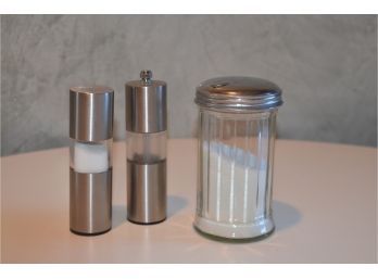 (#84) Set Of Chrome Salt And Pepper Set, Sugar Dispenser