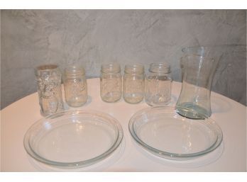 (#112) Mason Jars, 2 Pyrex Pie Plate, 8' Glass Vase