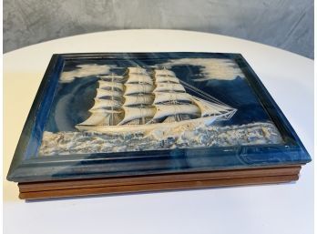 (#94) Dante Clipper Ship Blue Incolay Stone And Walnut Box Nautical Scene Sailboat Vintage Mens Jewelry Box