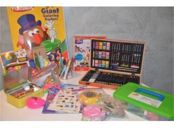 (#111) Assortment Of Children Craft And Activity Items, Coloring Books, Chalk, Crayons, Colored Pencil