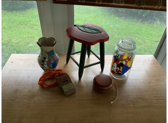 Sm. Apple Stool, Giant Whistle ( Solid Walnut), Giant Yo-yo , Mickey Mouse Canister. & Bird Vase