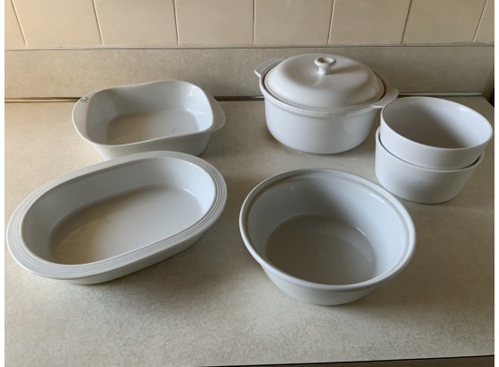 Lot Of (6) White Stoneware Dishes: (2) Sm Round, (1) Med Bowl, (1) Lg. Covered  (1) Oval (1) Square