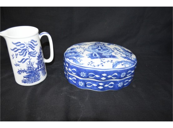 Blue Ware Covered Dish And Pitcher