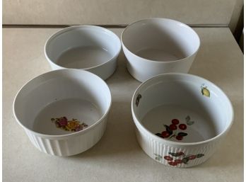(4); Stoneware Bowls  (2) White (1) Floral Design (1) Fruit Design