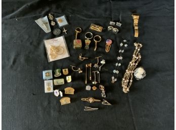 Assortment Of Pins/tie Bars& Tie Pins/ Key Chains/religious Pendents/cufflinks/(2) Chains/ Camio Money Clip