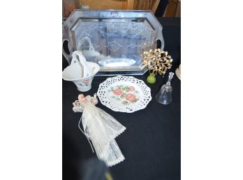 Serving Plater With Matching Basket, Porcelain Doll, Tray