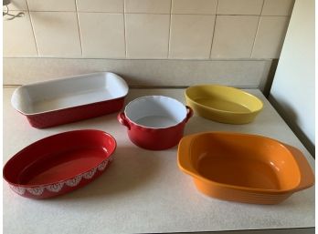 Lot Of (5) Cassserole  Dishes: Red & Yellow Are Cerotil, Orange Is Chantel