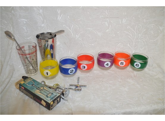 (#128) Vintage Pool Balls Roly Poly Cocktail Drinking Glasses By Cera (6) And Martini Shaker, Wine Opener