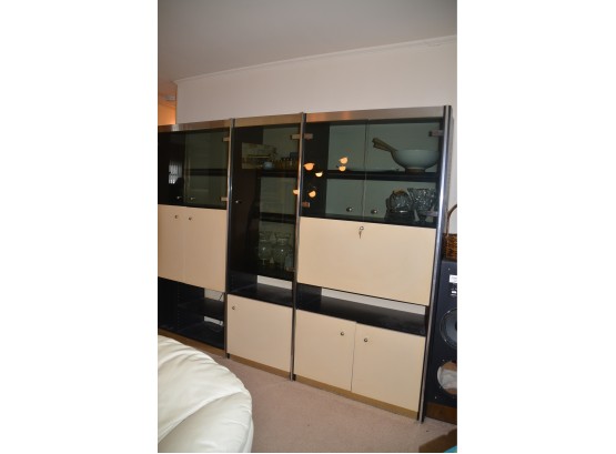 (#106) Mid Century 3 Piece Entertainment Curio Wall Unit Formica And Smoke Glass Doors- See Description