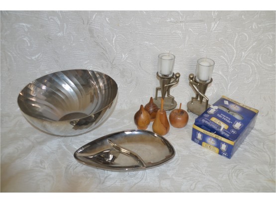 (#125) Wood Fruit Shape Salt And Pepper Shaker, Pair Metal Votive Candle Holders, Chrome Metal Bowl,