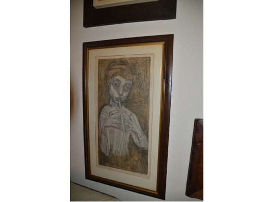 (#50) Vintage Irving Amen 'Girl With Flute' Abstract Figurative Woodcut Print 28/90 Framed 16x27