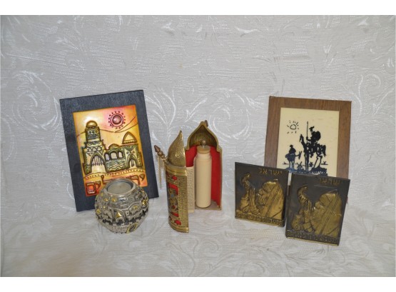 (#124) Lot Of Vintage Judaica Brass Book Ends, Torah Scroll Cage, Candle Holder