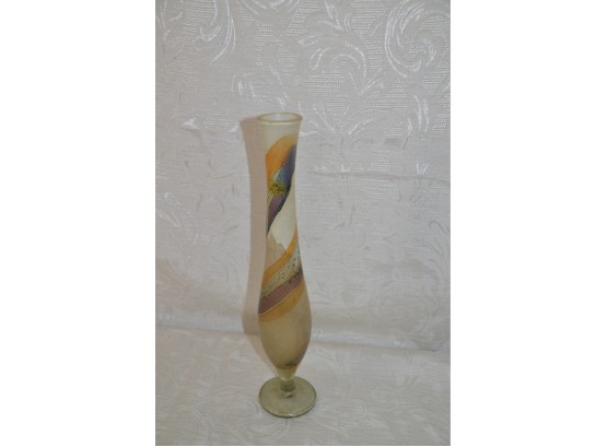 (#99) Vintage Glass Rose Bud Vase Hand Painted Israel 13.5'H