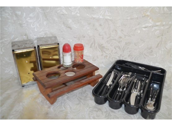 (#199)  2 Diner Napkin Dispensers ,Wood Picnic Table Salt And Pepper Holder, Set Of Plastic Outdoor Utensils