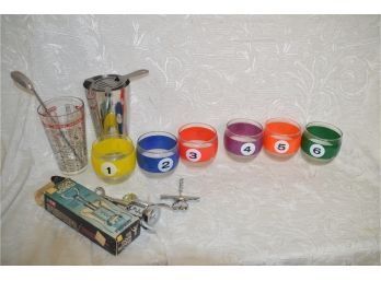 (#128) Vintage Pool Balls Roly Poly Cocktail Drinking Glasses By Cera (6) And Martini Shaker, Wine Opener
