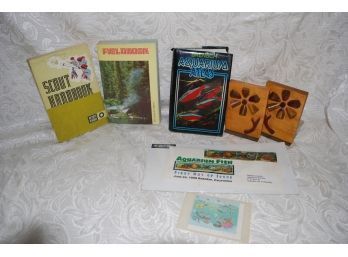 (#209) Vintage Wood Bookends , US Postage Aquarium Fish Stamps , Boy Scout Handbook & Field Book
